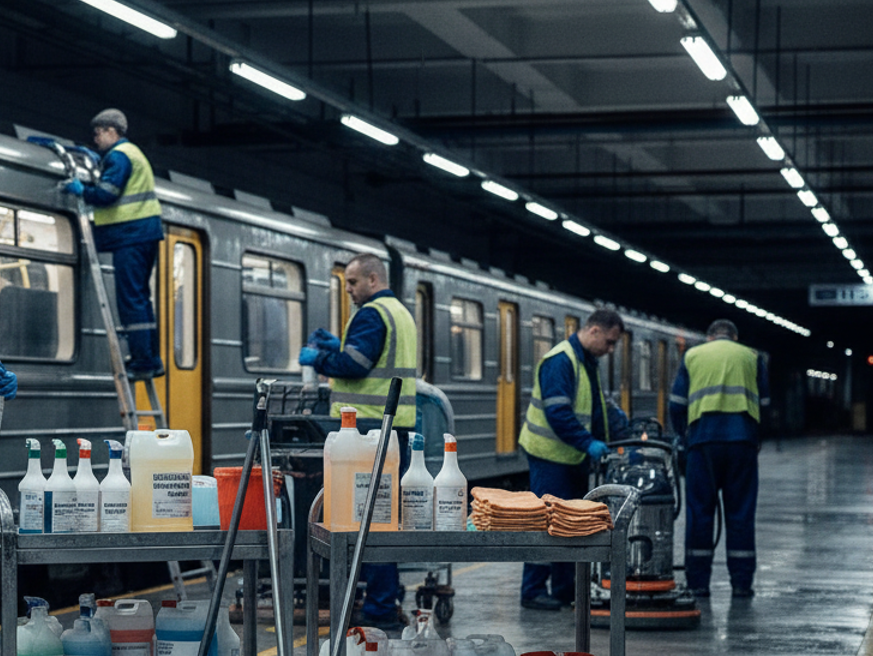 Инвентарь и химия для ночной уборки составов метро