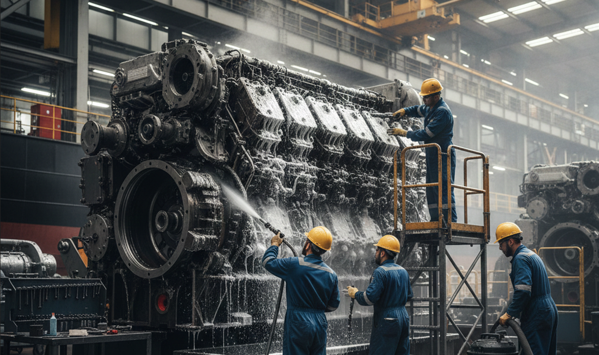 Подготовка крупных деталей корабельных двигателей к дефектовке