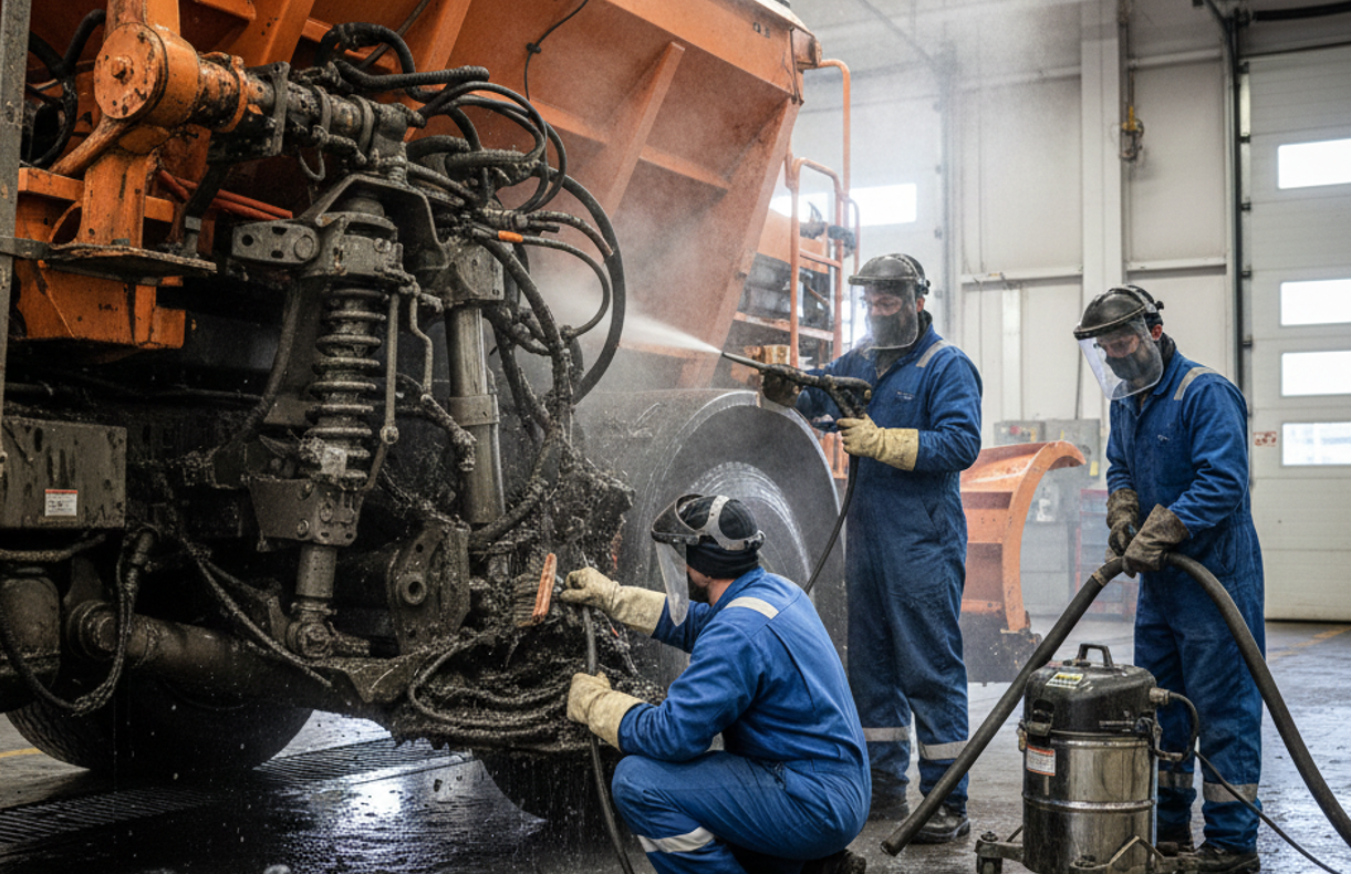 Снятие реагентов и грязи с узлов дорожных машин