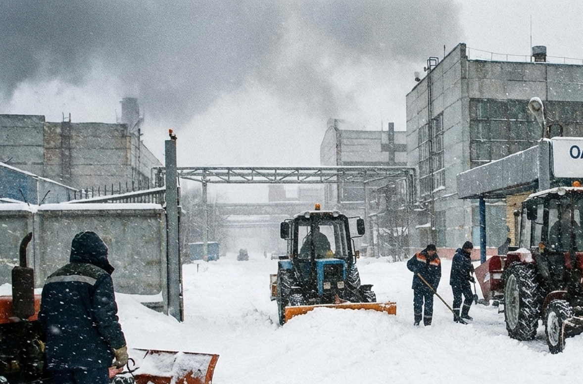 Уборка входных групп на производстве при сильных снегопадах