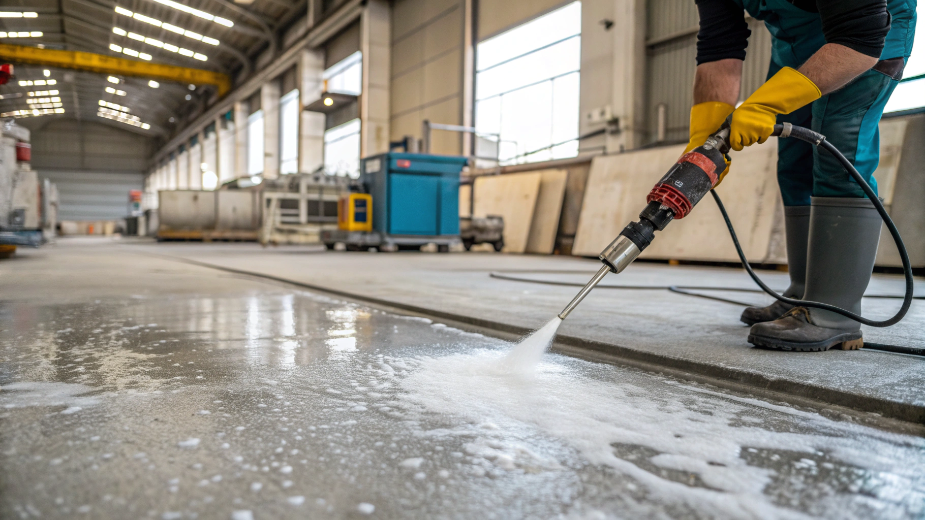 Промышленная мойка полов в цехах при постоянной соли и грязи