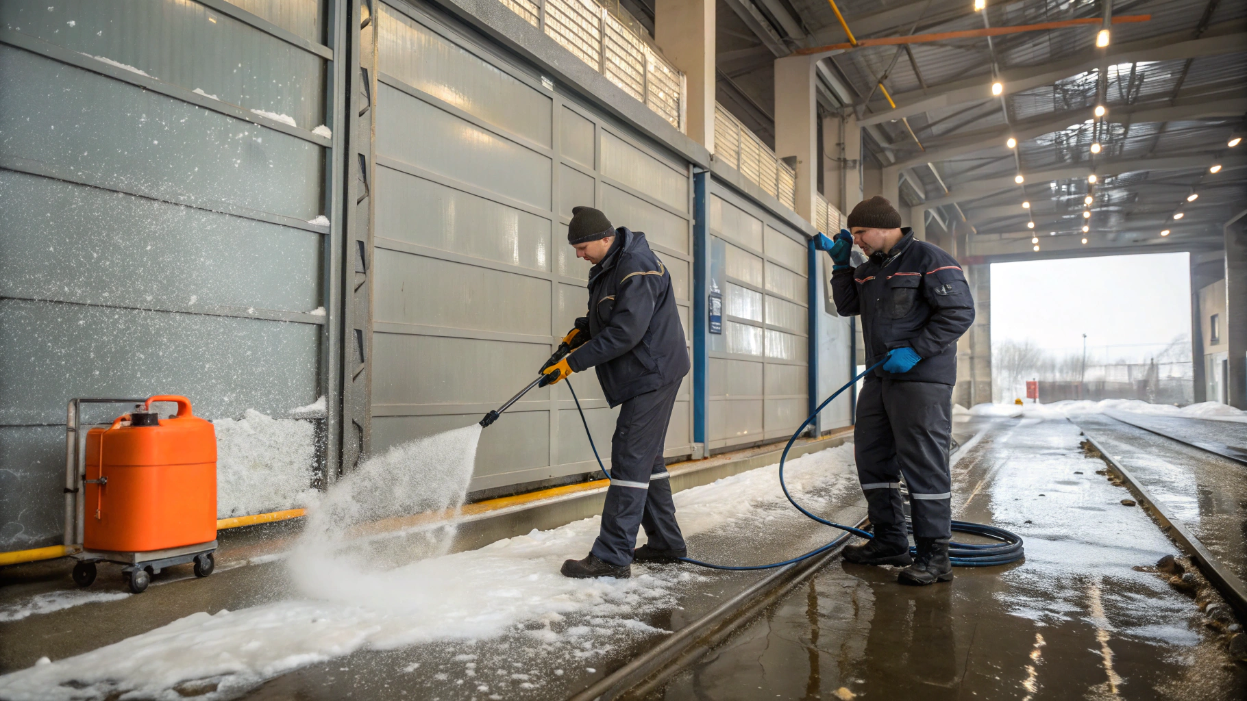 Очистка ворот депо от снега, наледи и противогололёдных реагентов