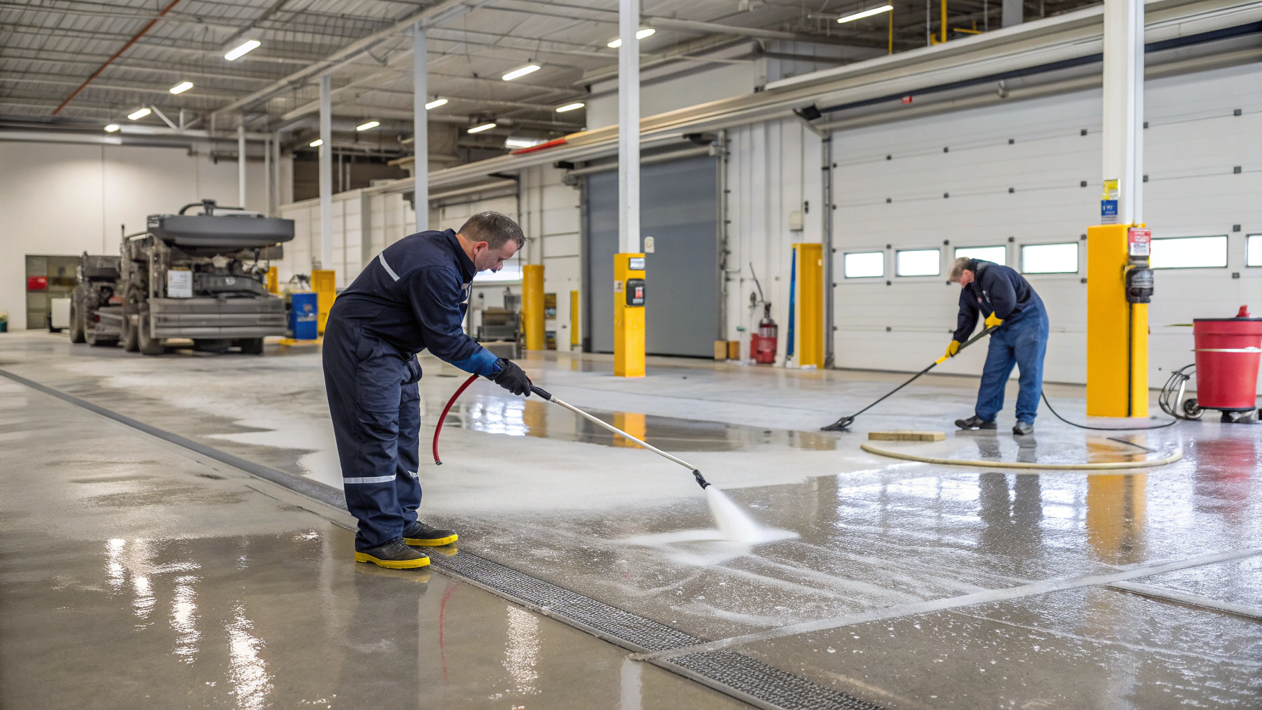 Удаление снежной каши и песка с пола в цехе без разводов