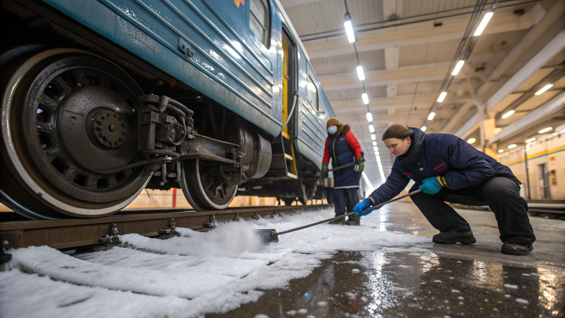 Очистка ходовой части и тележек поездов от снега соли и масла