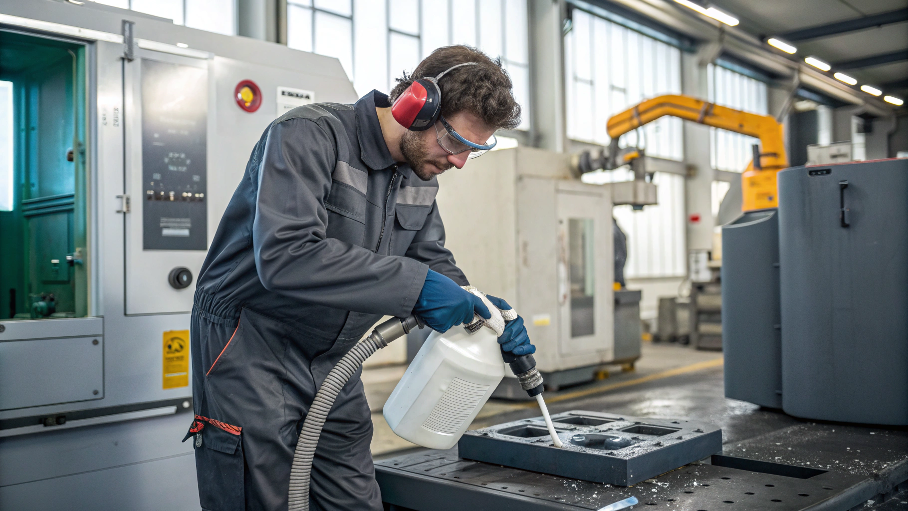 Подготовка к очистке зон вокруг станков от масляных загрязнений