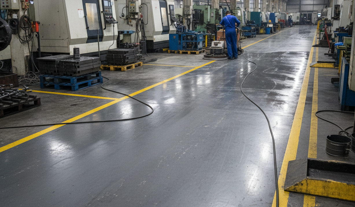 Обработка полов цехов машиностроения антистатиком с контролем сопротивления