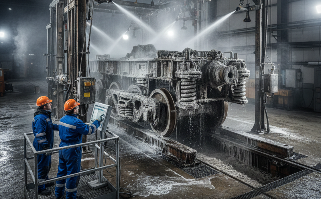 Удаление антигололедных реагентов с тележек вагонов при морозе